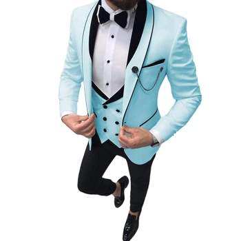 Мъжки костюми Slim Fit, Смокинги за бала от 3 части, Шал С ревери, Двубортный жилетка, Смокинги, Блейзър, Сватба парти (Блейзър + жилетка + панталони)