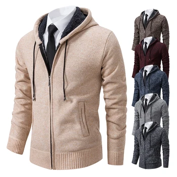 Мъжки моден обикновен пуловер с качулка, пуловер, жилетка, есенно-зимния флисовое гъст топло палто, всекидневни спортен пуловер