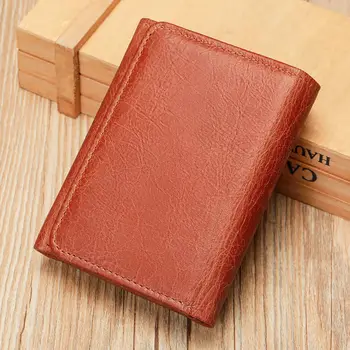 Мъжки портфейл от естествена кожа, тънък минималистичен портфейл с три гънки, висококачествен бизнес портфейл с RFID заключване, държач за карти, джоб за монети, портфейл