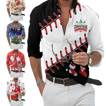 Мъжки ризи Дядо Коледа хавайска риза за мъже върховете 3D печатни почивка облекло зима мъжки дълъг ръкав отложным 