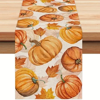Настолна пътека от есенната колекция в стил Деня на Благодарността, настолна пътека с шарени тиква, Кленов лист, оранжева покривка за празнична украса на масата