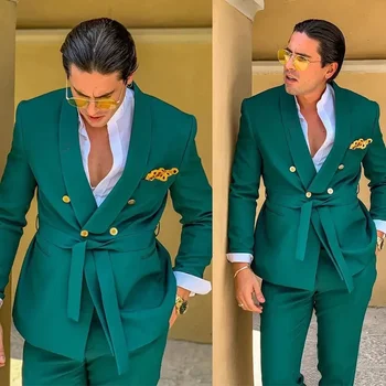 Нов дизайн на Зелените мъжки костюми за сватба с колан, 2 броя двубортной официални тоалети на булката за пътуване, костюм Homme Яке + панталон