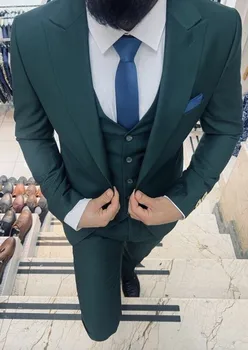Нов мъжки костюм по поръчка, оборудвана Тъмно зелен топ, панталон, риза, комплект сватбени костюми за младоженец от три части