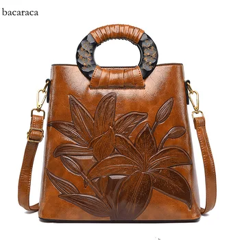 Нова дамска чанта в китайски стил, универсална чанта през рамо с голям капацитет, ръчна дамска чанта на средна възраст от кожа с масло и восък в ретро стил
