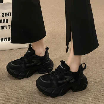 Нова Дамски обувки са с дишаща мрежа на дебела подметка дантела, Пролет 2024, Ежедневни удобни Дамски спортни обувки Zapatillas De Mujer
