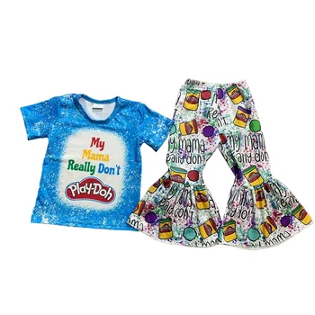Нови комплекти за малки момичета, детски дрехи с къси ръкави и букви, многоцветни разкроена панталони.