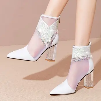 Нови мрежести дамски сандали, ботуши, Летни обувки на висок ток, Модерен, секси, с кристали, с пискюли, с остри пръсти, бели дамски обувки 2023