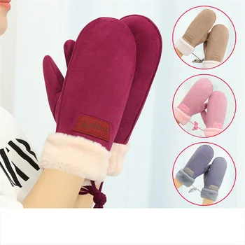 Нови ръкавици за отпечатъци с подвешенной врата, дамски Модни Топли Ръкавици, Зимно Однотонное улично Ветрозащитное обзавеждане, Сгъстено Студени ръкавици