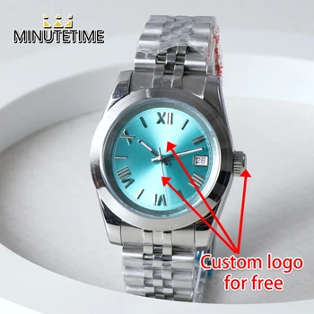 Обичай направи си САМ Лого, Името на NH35, часовници със стерилен син циферблат, луксозен 3-бар Водоустойчив син сапфир кристал за мъже и жени, автоматични стоманени часовници