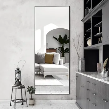 Огледало от пода до тавана, много дълго стенно огледало, за баня/спалня/всекидневна, алуминиева рамка, черен