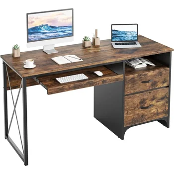 Офис бюро с чекмеджета, 55-инчов промишлен компютърно бюро с място за съхранение, дървена маса за учителя с тава за клавиатура и чекмедже за файлове