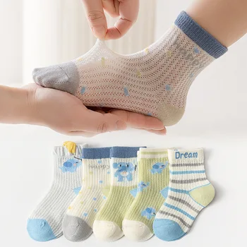 Памучни бебешки къси чорапи за малки момчета и момичета, фини мрежести чорапи за децата, 5 двойки