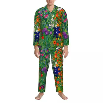 Пижами за мъже Diana Klimt Art Night спално облекло Garden Cottage, Комплект от 2 теми, ежедневни пижама с дълъг ръкав, сладък домашен костюм голям размер