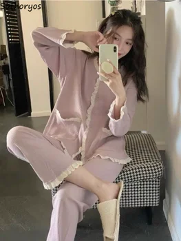 Пижамные комплекти за жени с V-образно деколте, стилен мозайка шиене, Просто Сладък, елегантен дизайн, Ins, джобове за високо, есента корейската версия, хол