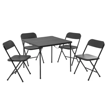 Плотове от 5 части, сгъваема маса от смола и комплект от четири сгъваеми стола, черна