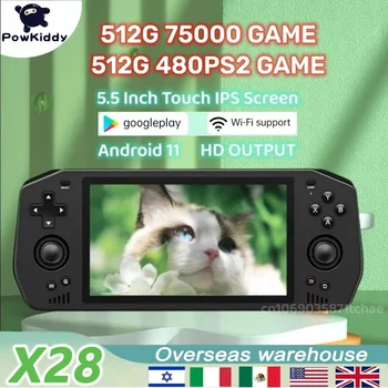 Преносима игрова конзола Powkiddy X28 PS2 Android11 с 5,5-инчов сензорен екран 512G за игра на 450 PSP Поддържа HD TV изход
