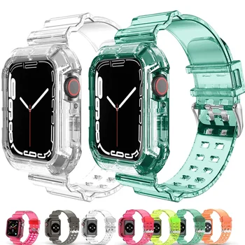 Прозрачен каишка + калъф за Apple Watch серия 9 8 7 6 SE 5 49 мм 45 мм 44 мм 42 мм 41 мм Прозрачен за iwatch 3 38 мм 40 мм, Пластмасов каишка