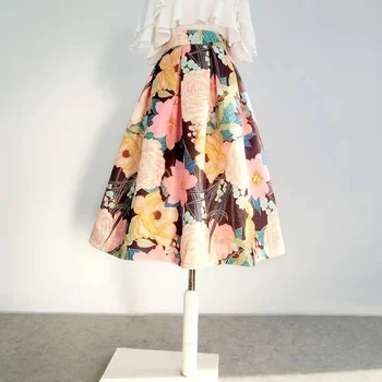 Пролет-лято Корейски Реколта Стилна Елегантна рокля За жените y2k Sakura Peony Цветен принт, плиссированная миди полата с висока талия Faldas