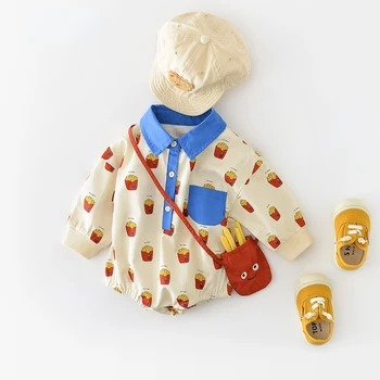 Пролетни бебешки боди с принтом чипс, дрехи за момчета с отложным яка, детско Пълномаслено продукт с чанта
