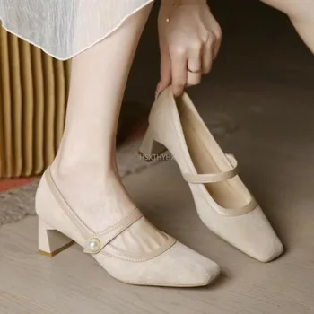 Пролетни бродирани с мъниста обувки Мари Janes на среден ток, женски обувки с квадратни пръсти, дизайнерски обувки-лодка 2024 г., като Zapatos Mujer