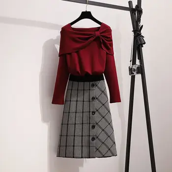 Пролетно-есенна мода за жени, снижающая възраст, Трикотаж, пуловер, клетчатая пола с висока талия, комплект от две части