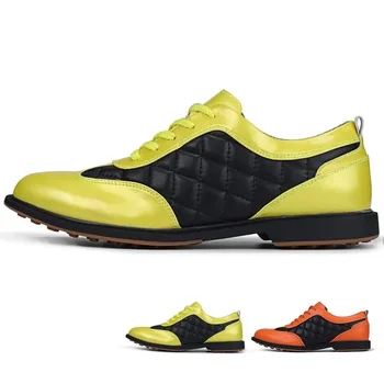 Професионален мъжки спортни обувки за голф елит на марката, мъжки зелено-оранжеви мъжки обувки за голф, Мъжки спортни обувки, от естествена кожа, мъжки