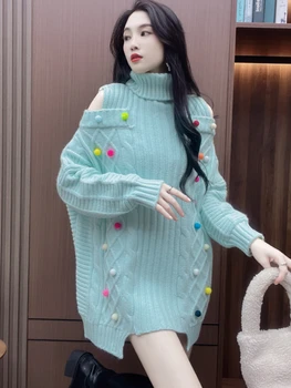 Пуловер с висока воротом, женски есенно-зимния пуловер 2022, нов топъл мек случайни вязаный пуловер, без тежка топка, обикновен женски топ