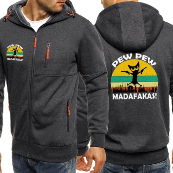 Реколта мъжки hoody с принтом Cat Pew Pew Madafakas, ежедневни hoody в стил хип-хоп, есенно-зимно топло облекло, флисовые Топли качулки на мълния.