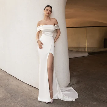Сватбена рокля Русалка слонова кост 2023, тръба с открити рамене, Просто рокля За жените, булките, Сексуална булчинска рокля с висока цепка и отворен гръб.