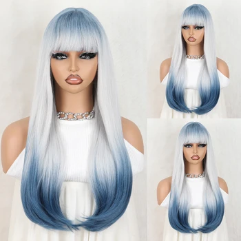 Сиво-градиентно-сини Перуки С бретон От естествени, Синтетични на косата на Перука За жени Дневен Cosplay Перука за парти в стил Лолита