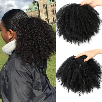 Синтетичен Афро Пластове Къдрава Перука 10 инча Кратък Къдрава Дантела За Удължаване На Косата във Формата на Конска Опашка изкуствена коса За Жени