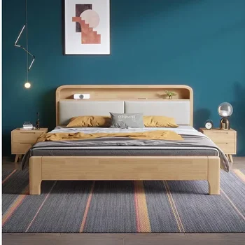Скандинавска легло от масивно дърво 1,5 м, трупи с подсветка, Модерен минимализъм 1,8 М, Главна спалня, Спалня с високо кутия за съхранение