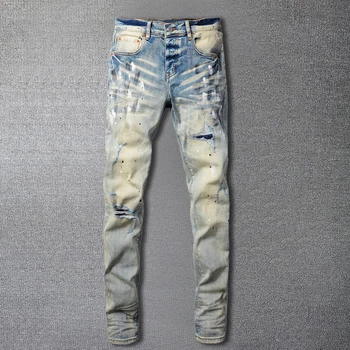 Скъсани дънкови панталони в стил ретро, дънки-участък от старата пране, пръски мастило, мъжки дънки с ивици, байкерская градинска дрехи, тесни зауженные панталони