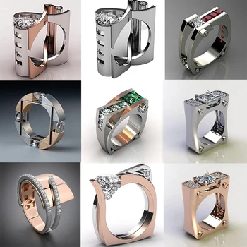 Творческа сребърен пръстен с кристали на пръста си, за жени, Мъже Индивидуално годежен пръстен, два тона Квадратно пръстен с цирконием в стил хип-хоп-пръстен, бижута