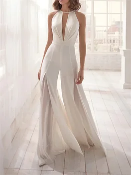Тела с красива облегалка, сексуална празнична сватбена рокля за гости, V-образно деколте, без ръкави, с дължина до пода, шифон с дантела вложка, чист цвят.