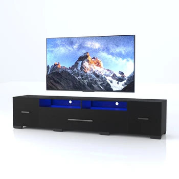 Телевизионна конзола със Шкафчета за съхранение, дистанционно управление, управление чрез приложение, Дълга поставка за телевизор е с led подсветка, full избор на цвят RGB (черен, за 80 инча)