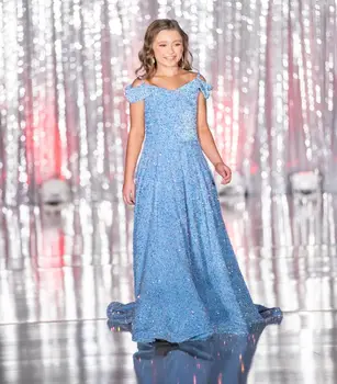 Темпераментное Сладка рокля на тайния джоб с пайети отзад 2023 Blue Girl Competition Конкурс за красота Рокля за бала