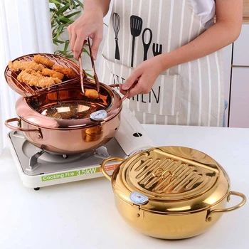 Тиган за пържене с термометър Златна посуда за готвене Тиган за фритюрници Темпура Удобен Кухненски Прибори за готвене на открито от неръждаема стомана