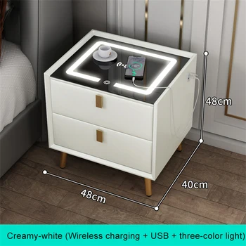 Умни нощни шкафчета Нощно шкафче Лесна безжична зареждане чрез USB с лампа Мебели за спалня от масив, дърво и кожа малка странична масичка