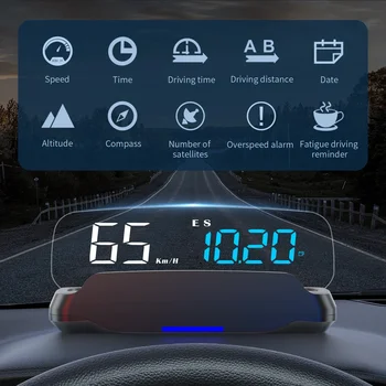 Универсален автомобилен HUD дисплей с цветна подсветка, мулти-стъпка проектор превишена скорост и аларма с компас в час, Умора от посоката на