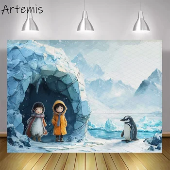 Фон за снимки с анимационни пингвин, Детска простота, Акварелни гледка към планината, на фона на портрет на рожден ден, фотографско студио