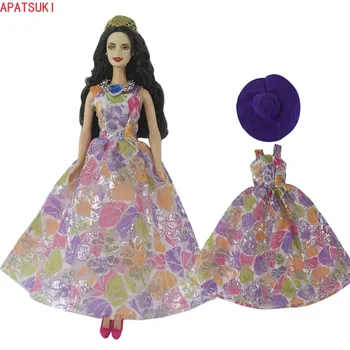 Цветна рокля без ръкави, лилава шапка, облекло за кукли Барби, модерно вечерна рокля, комплект дрехи, аксесоари за куклата къща 1/6, детска играчка