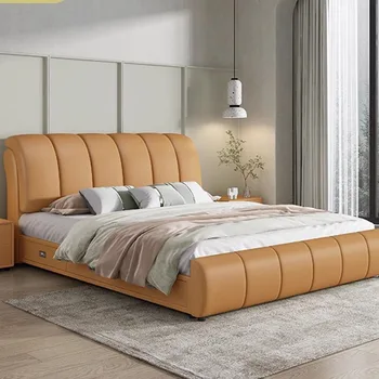 Чекмеджета легла за съхранение, водоустойчив Висококачествена Кожена луксозна легло, модерна дървена рамка, Camas De Matrimonio Dormitorio, Скандинавски мебели