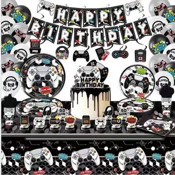 Черно-бяла Декорация в игралната теми на Детски Рожден Ден Прибори за Еднократна употреба Чаша Чиния Покривка Банер Балон Аксесоари за торта