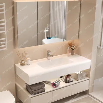 Шкаф за баня в кремовом стил с едно парче с мивка, заоблени мивка за баня, достъпни, луксозен мивка