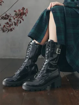 Японски Женски обувки с кръгло бомбе и кристали, Високи ботуши дантела, Новите Модни обувки Martin Zapatos Mujer на дебелите ток