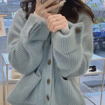 Японски мек лепилен пуловер с вятъра, дамски есенно-зимни дрехи, нов кратък стил, малък вязаный жилетка с обрат, яке дамски