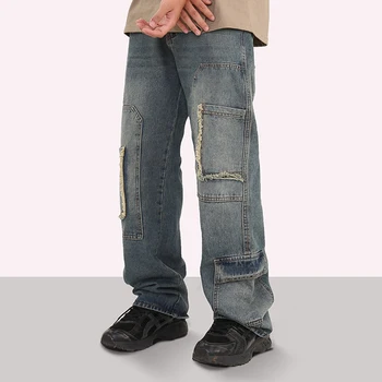 남자바지 Дънки с прав джоб за мъжки панталони, дизайн на малък стил с пера плюшено ръба на Y2K, свободни, суров дънки